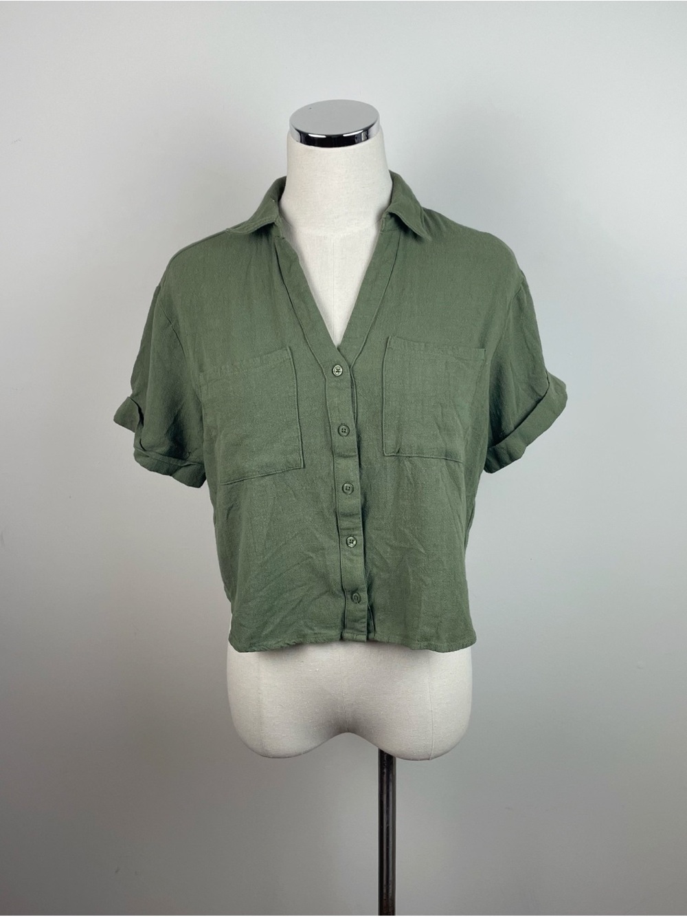 Lulus Solid Olive Green Collared V Neck Short Sleeve Linen Top Women Small